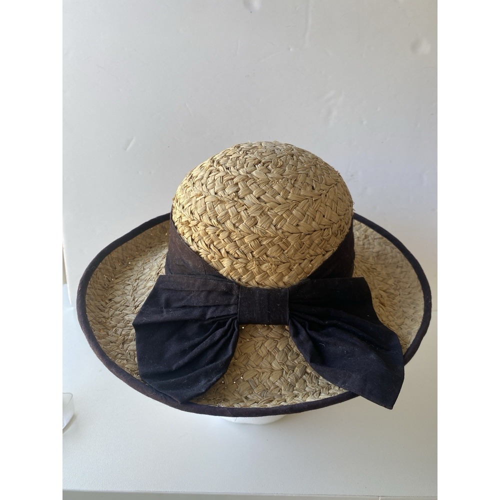 Vintage Wide Brim Straw Sun Hat 100% Natural Fiber Bow Derby Garden French